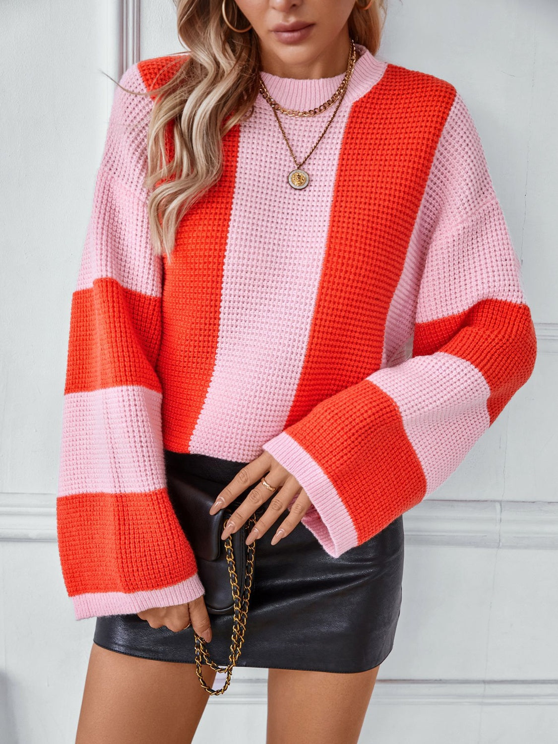 Color Block Round Neck Long Sleeve Sweater-Angel Casuals