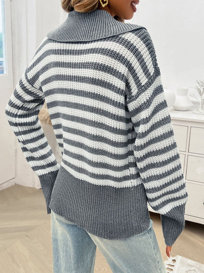 Devine Striped Collared Neck Long Sleeve Sweater-Angel Casuals