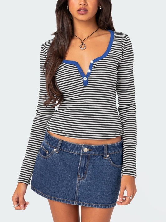 Buttoned Striped Long Sleeve T-Shirt-Angel Casuals