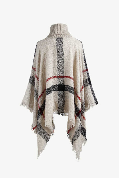 Plaid Turtleneck Raw Hem Poncho-Angel Casuals