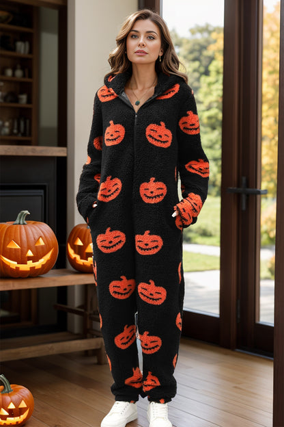 Fuzzy Pumpkin Half Zip Hooded Jumpsuit-Angel Casuals