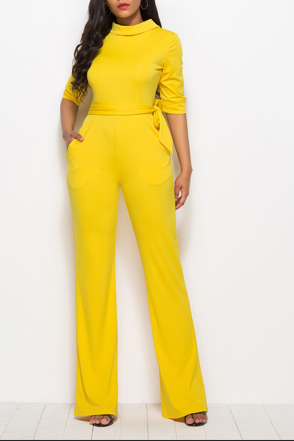 Mock Neck Tie-Waist Half Sleeve Jumpsuit-Angel Casuals