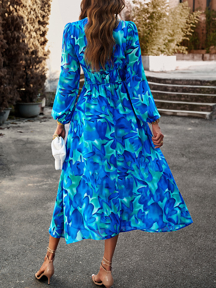 Printed V-Neck Long Sleeve Midi Dress-Angel Casuals