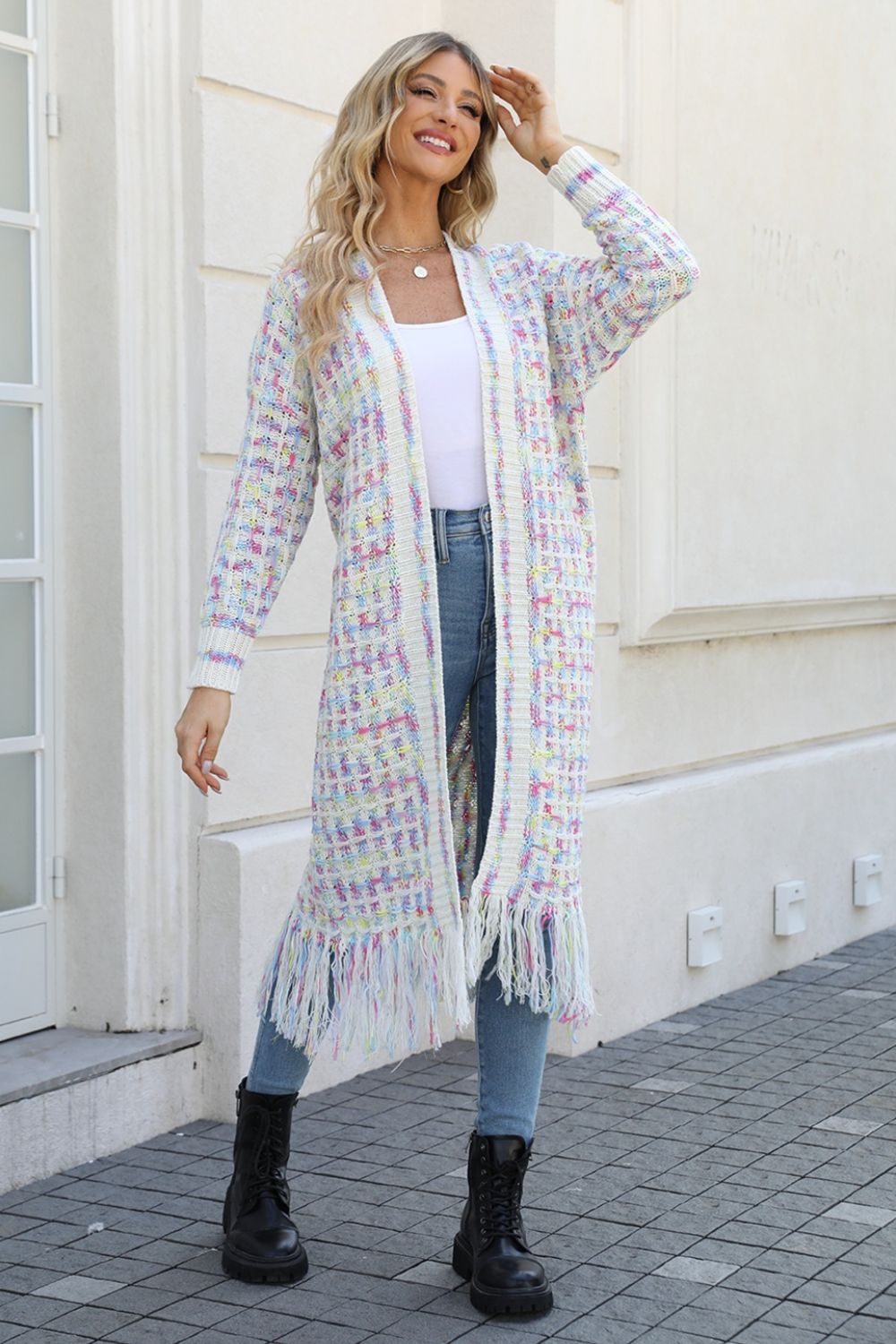 Multicolored Open Front Fringe Hem Cardigan-Angel Casuals