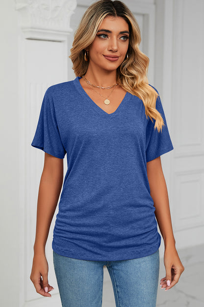 Ruched V-Neck Short Sleeve T-Shirt-Angel Casuals