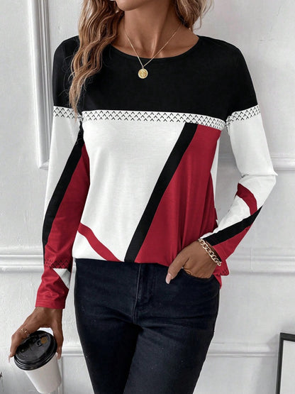 Contrast Round Neck Long Sleeve T-Shirt-Angel Casuals