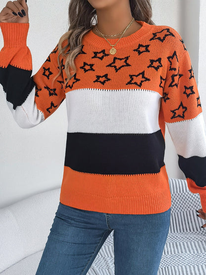 Star Contrast Round Neck Sweater-Angel Casuals