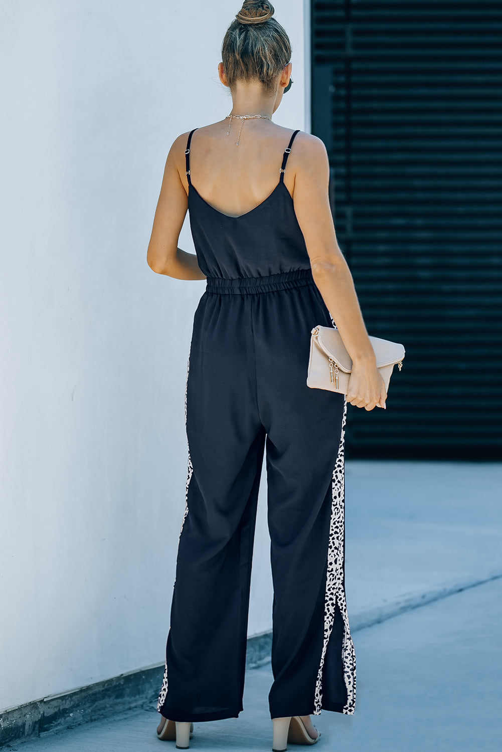 Leopard Contrast Spaghetti Strap Wide Leg Jumpsuit-Angel Casuals