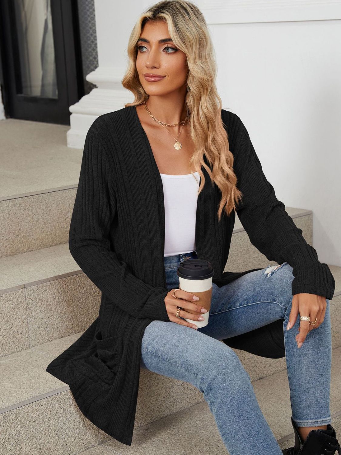 Pocketed Open Front Long Sleeve Cardigan-Angel Casuals