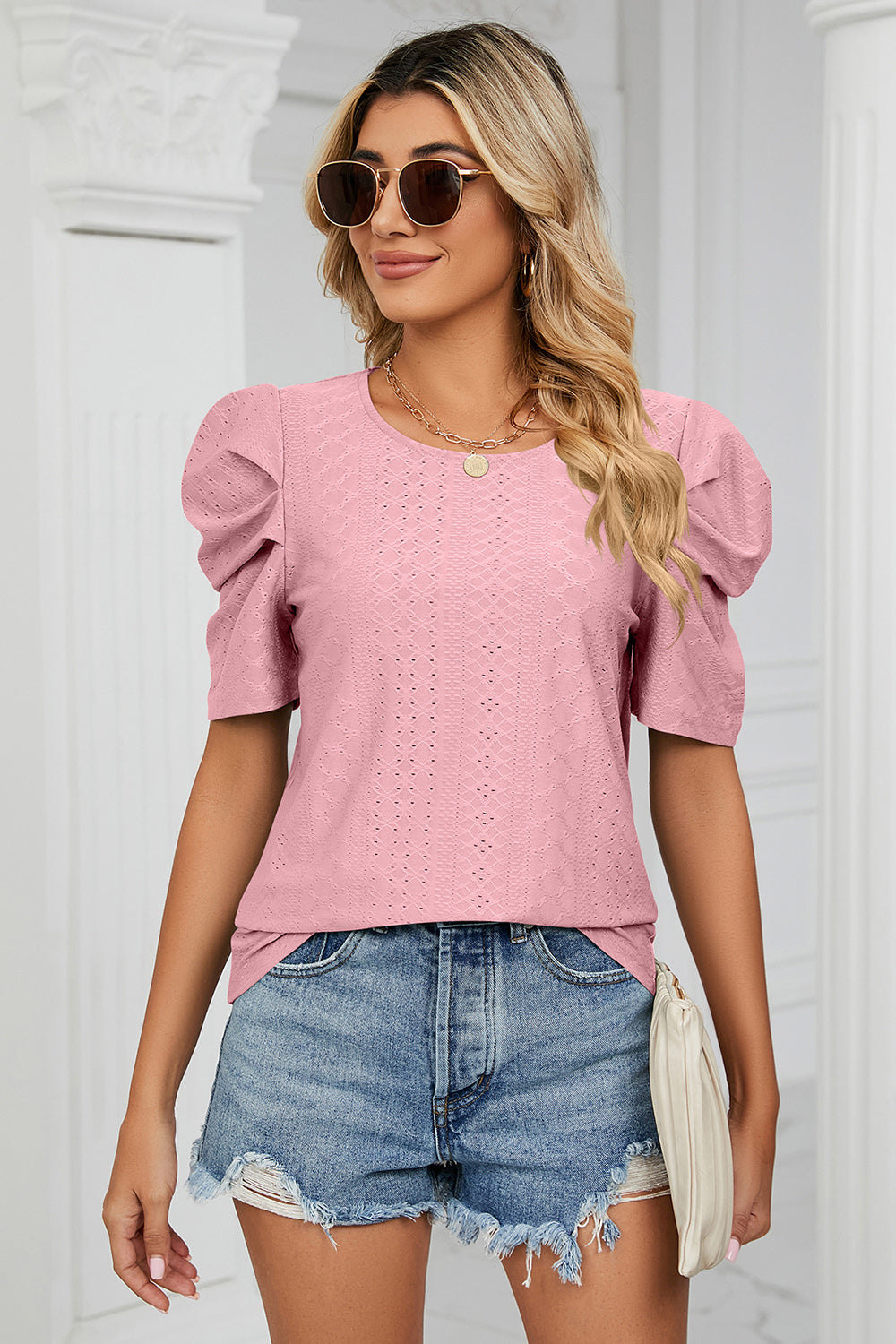 Eyelet Round Neck Puff Sleeve T-Shirt-Angel Casuals