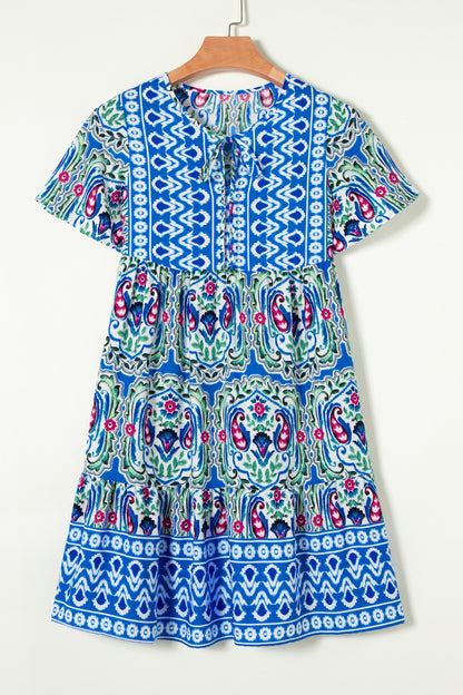 Printed Tie Neck Short Sleeve Dress-Angel Casuals