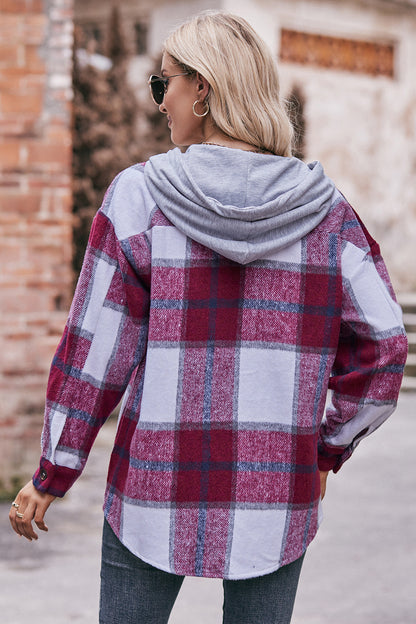 Mandy Plaid Dropped Shoulder Hooded Jacket-Angel Casuals