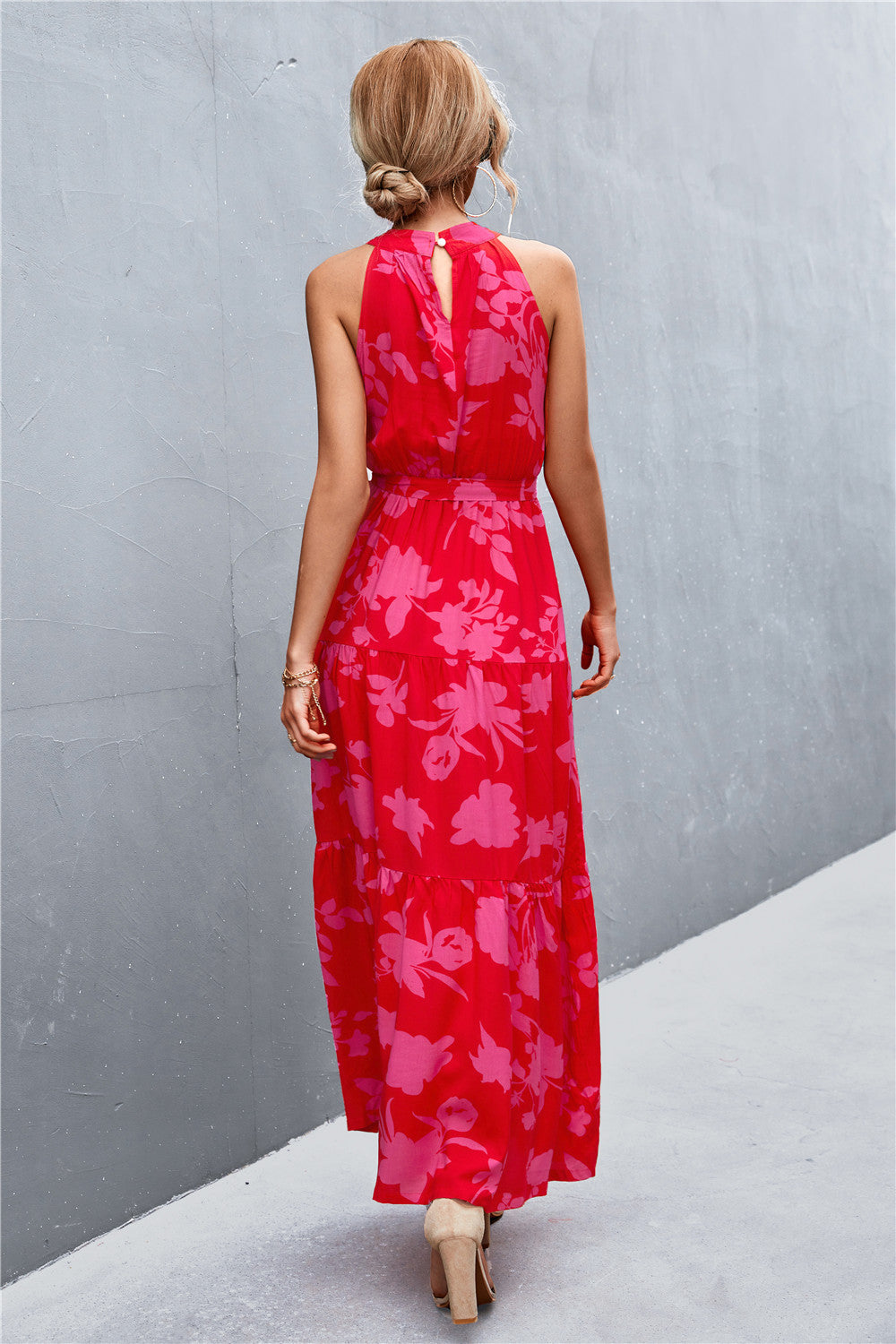 Printed Sleeveless Tie Waist Maxi Dress-Angel Casuals