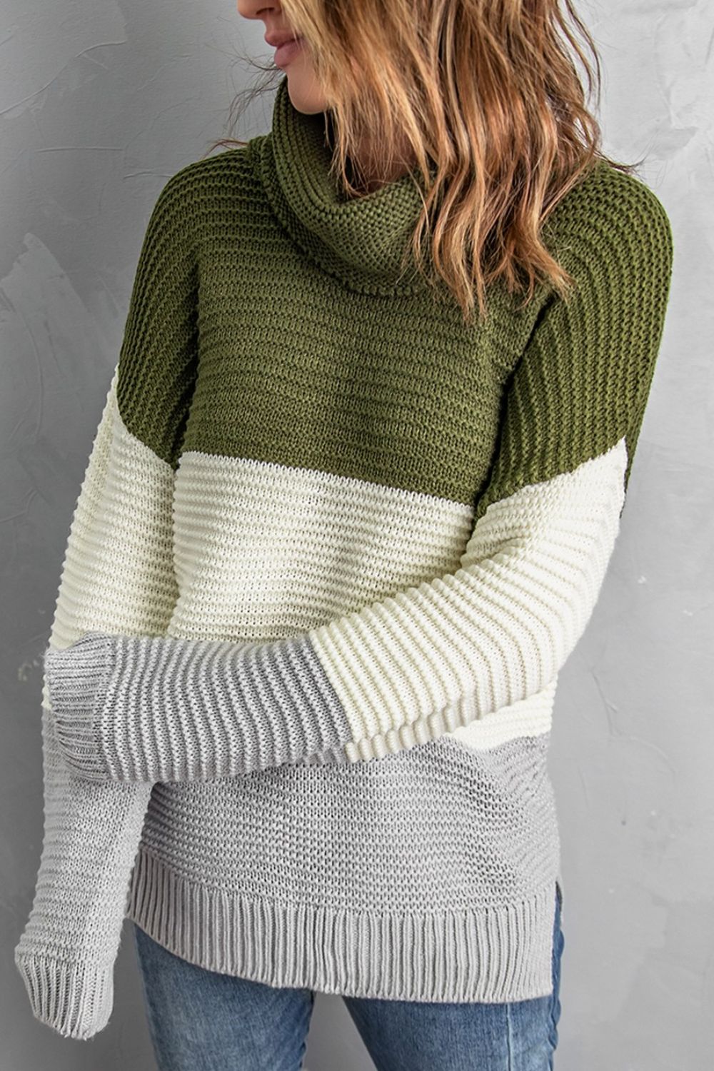 Color Block Turtleneck Long Sleeve Sweater-Angel Casuals