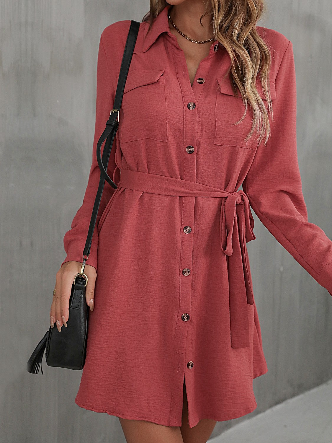 Button Down Belted Long Sleeve Shirt Dress-Angel Casuals