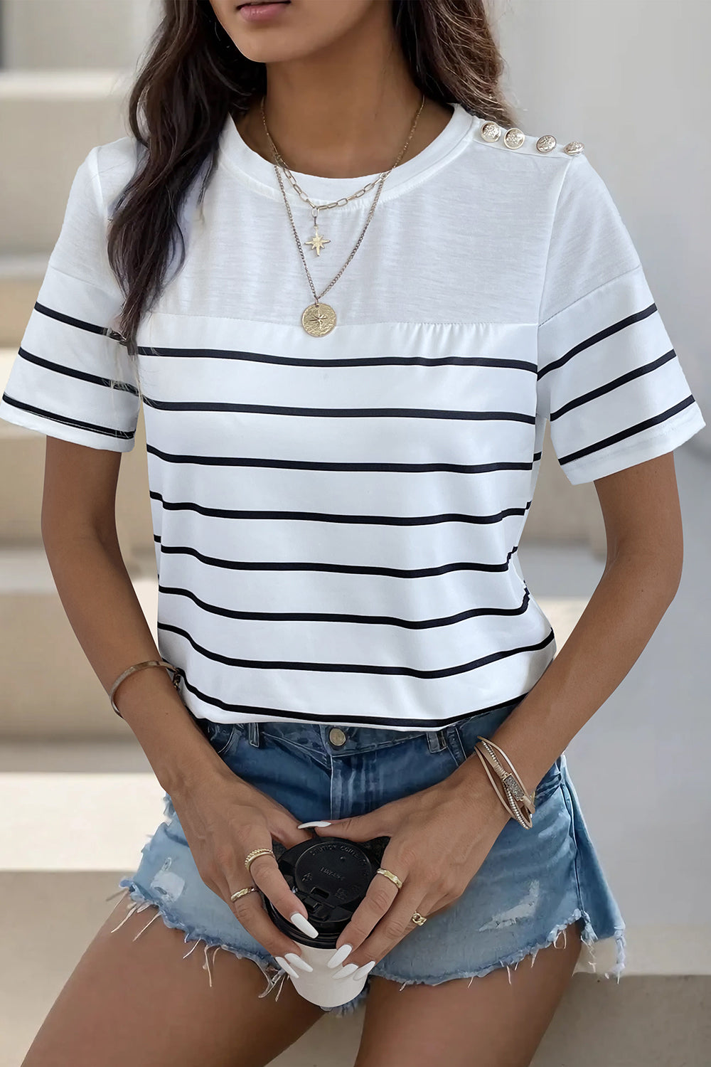 Decorative Button Striped Short Sleeve T-Shirt-Angel Casuals
