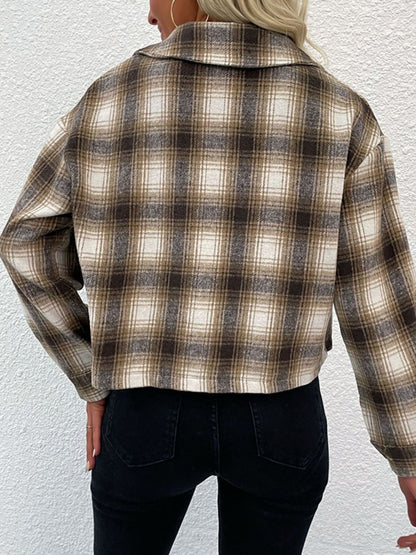 Plaid Button-Up Dropped Shoulder Shacket-Angel Casuals