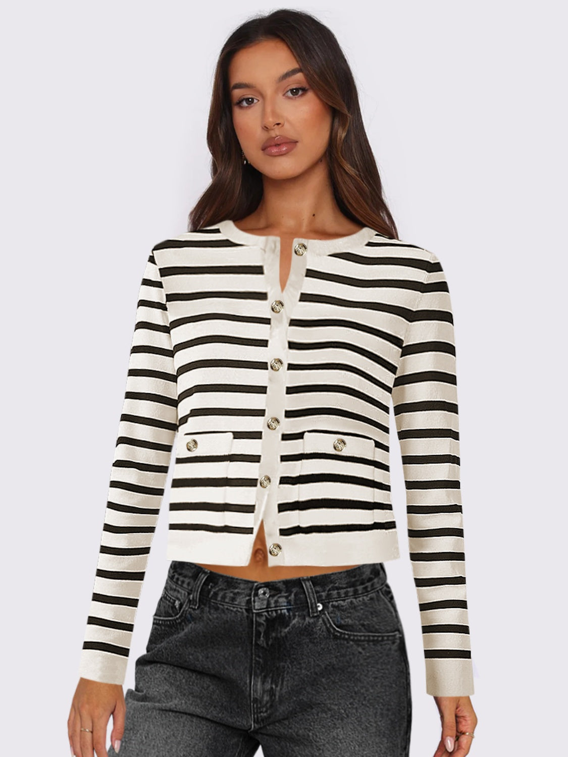 Striped Round Neck Button Up Long Sleeve Cardigan-Angel Casuals