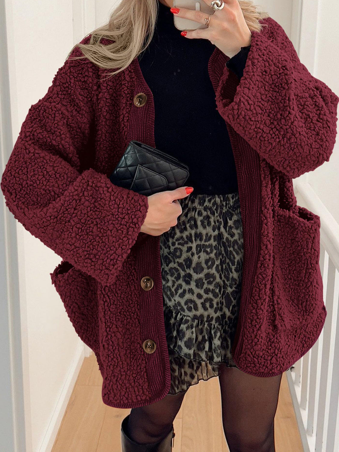 Contrast Button Up Sherpa Jacket with Pockets-Angel Casuals
