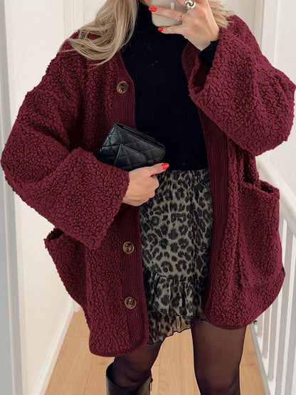 Contrast Button Up Sherpa Jacket with Pockets-Angel Casuals