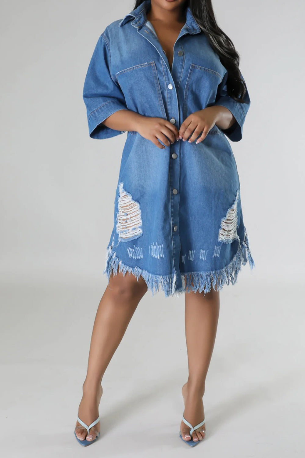 Distressed Raw Hem Button Up Denim Dress-Angel Casuals