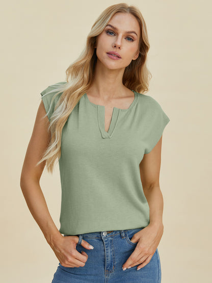 Double Take Full Size Notched Cap Sleeve Knit Top-Angel Casuals