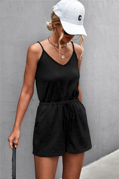 Spaghetti Strap V-Neck Pocket Romper-Angel Casuals