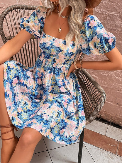 Floral Square Neck Puff Sleeve Dress-Angel Casuals