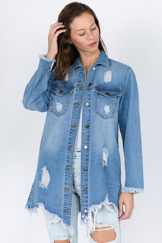 American Bazi Distressed Frayed Hem Denim Jacket-Angel Casuals