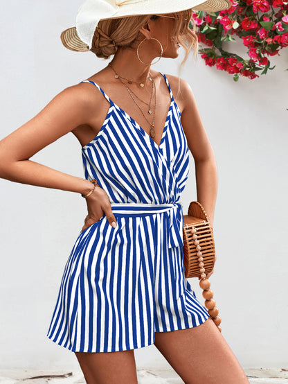 Striped Tie Waist Spaghetti Strap Romper-Angel Casuals