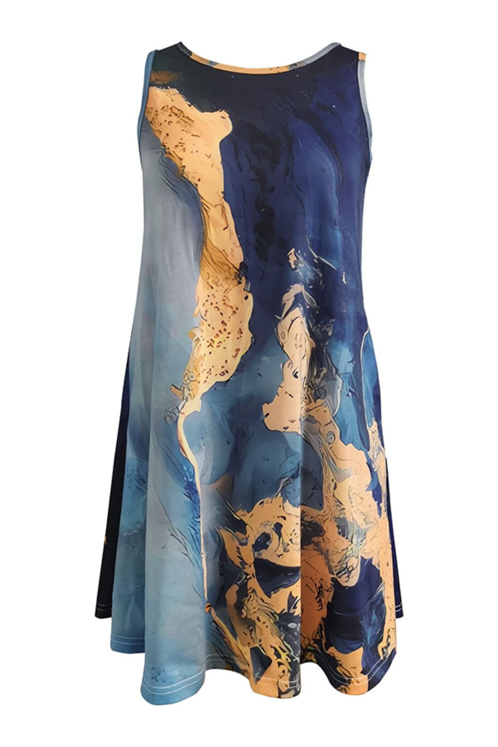 Abstract Print Round Neck Sleeveless Dress with Pockets-Angel Casuals