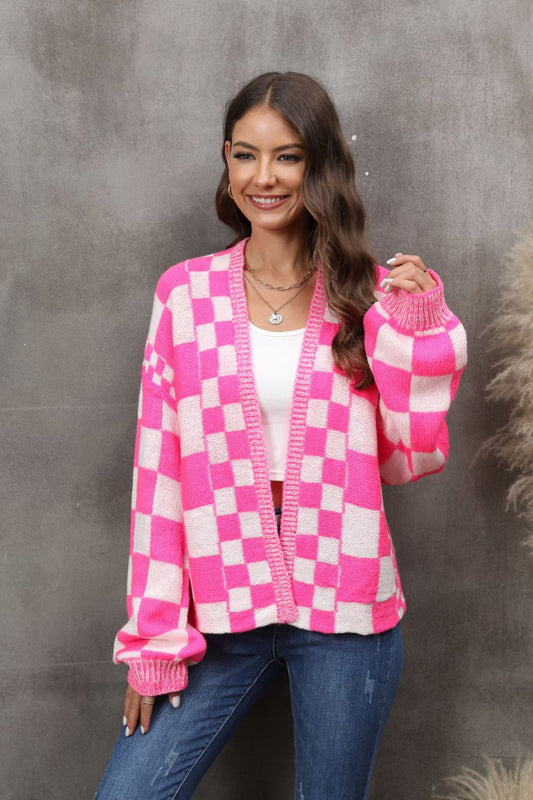 Checkered Open Front Drop Shoulder Cardigan-Angel Casuals