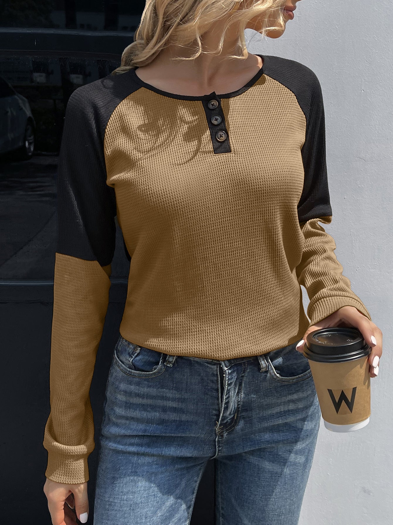 Contrast Buttoned Round Neck Raglan Sleeve Top-Angel Casuals