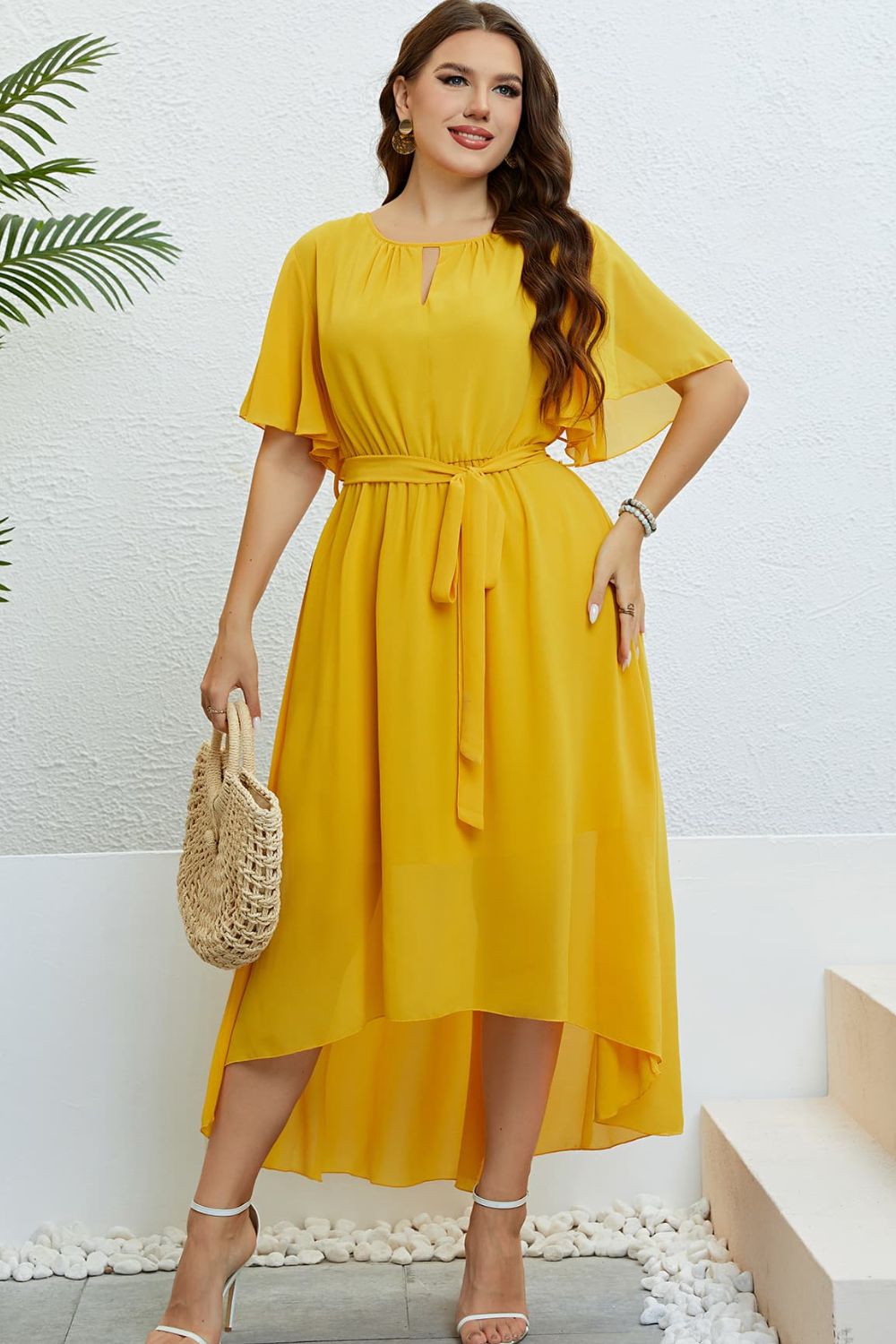 Belted Flutter Sleeve High-Low Dress-Angel Casuals