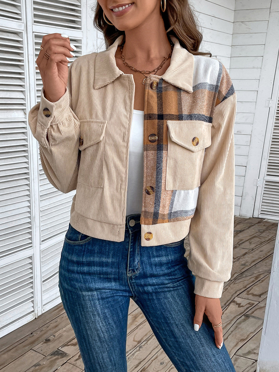 Perfee Color Block Collared Neck Button-Up Jacket-Angel Casuals