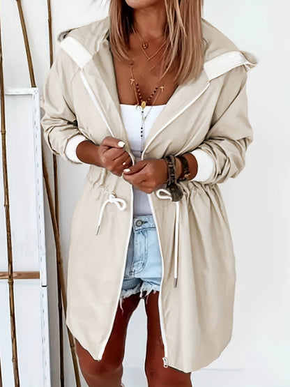 Drawstring Long Sleeve Hooded Trench Coat-Angel Casuals