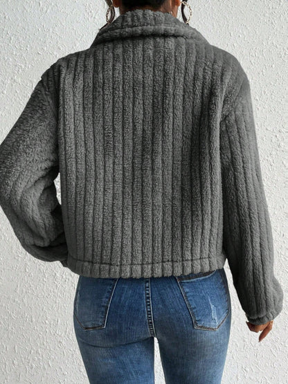 Fuzzy Button Up Collared Neck Jacket-Angel Casuals