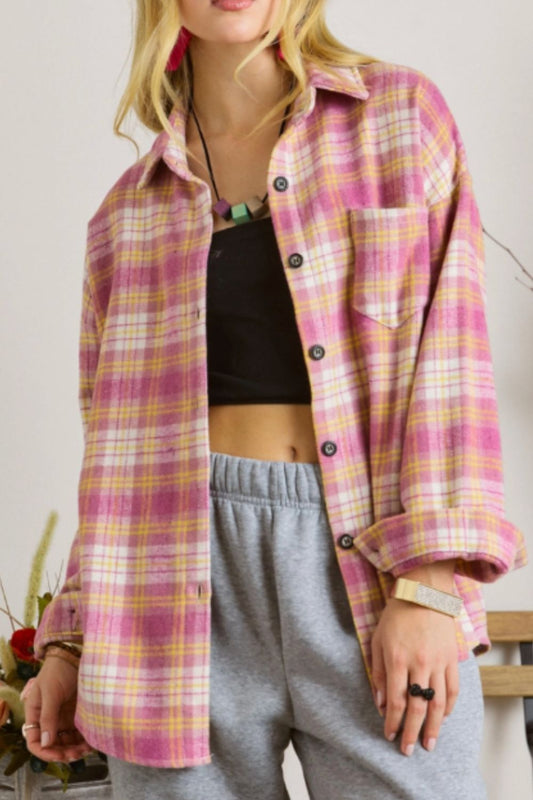 Plaid Collared Neck Button Up Shacket-Angel Casuals