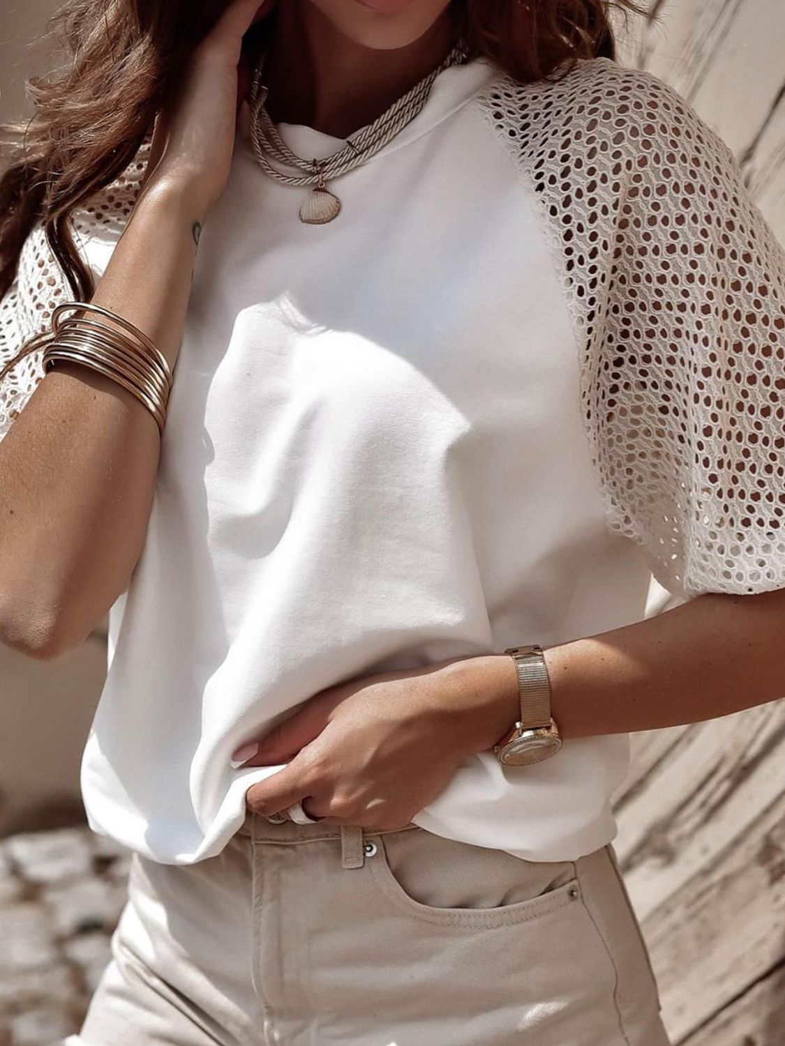 Eyelet Round Neck Half Sleeve T-Shirt-Angel Casuals