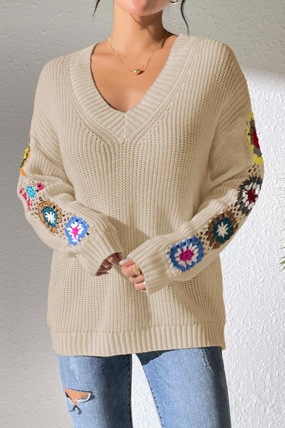 Crochet Flower V-Neck Sweater-Angel Casuals