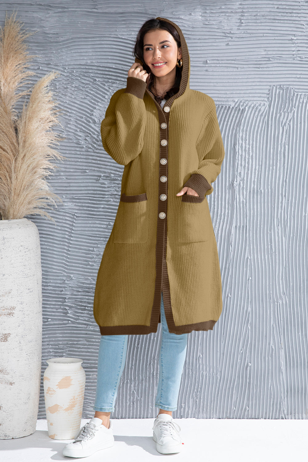 Button Up Contrast Trim Hooded Cardigan-Angel Casuals