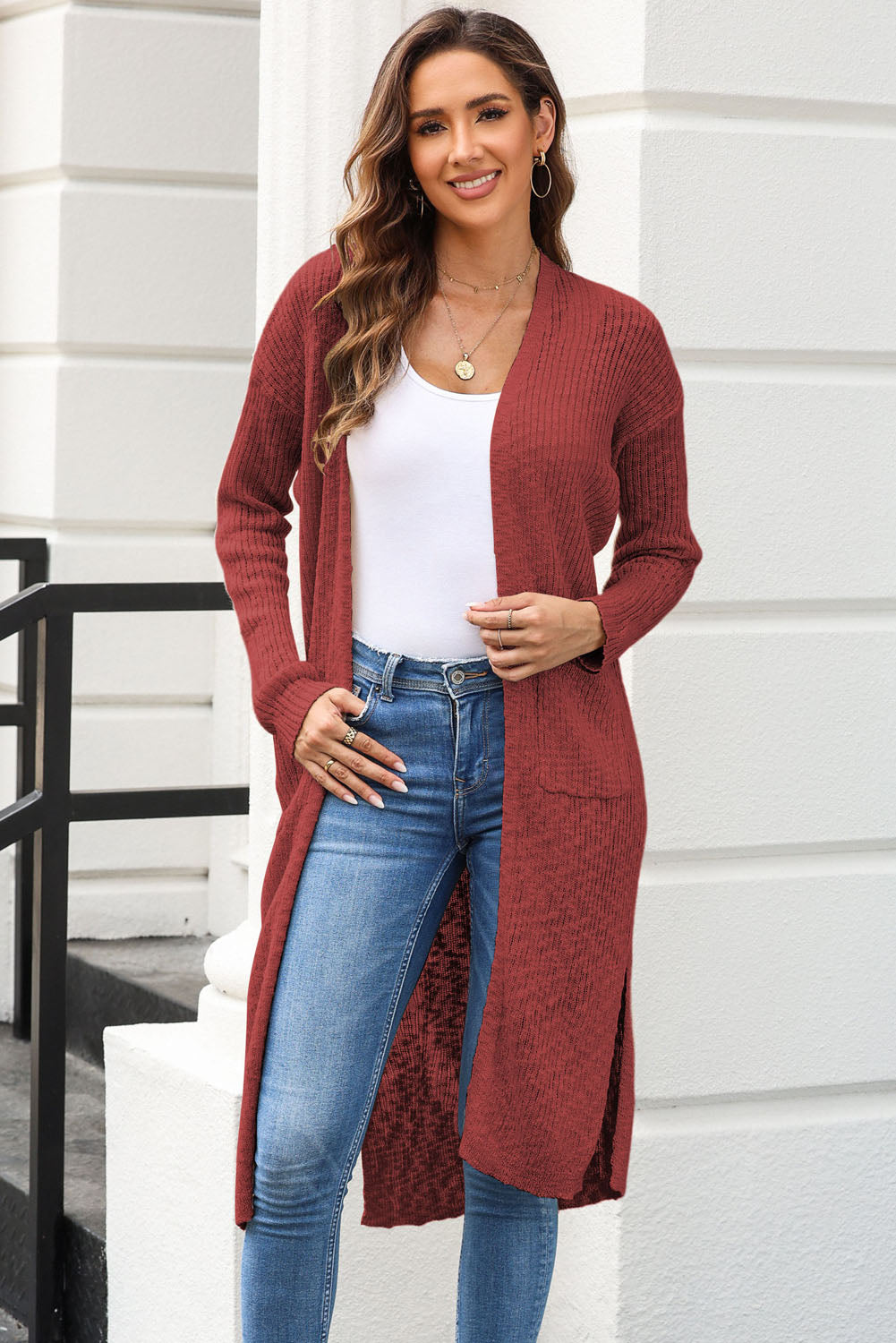 Open Front Slit Cardigan with Pockets-Angel Casuals