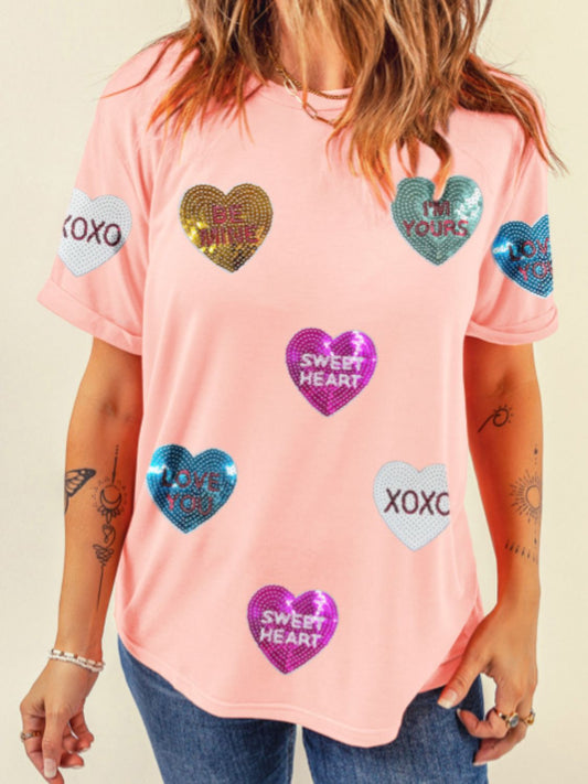 Valentine’s Day Sequin Heart Round Neck Short Sleeve T-Shirt-Angel Casuals