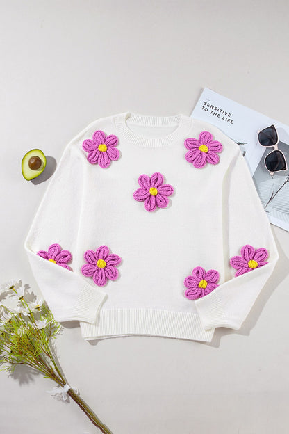 Crochet Flower Round Neck Long Sleeve Sweater-Angel Casuals