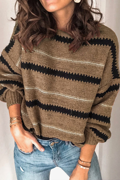 Contrast Striped Round Neck Long Sleeve Sweater-Angel Casuals