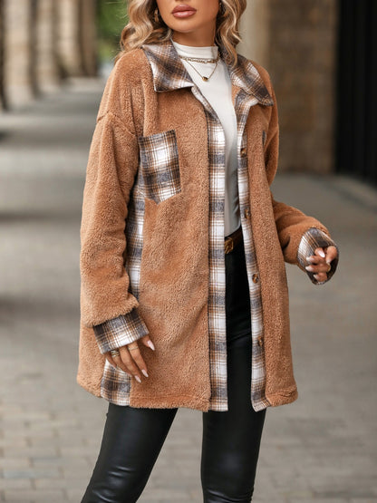 Plaid Contrast Dropped Shoulder Coat-Angel Casuals