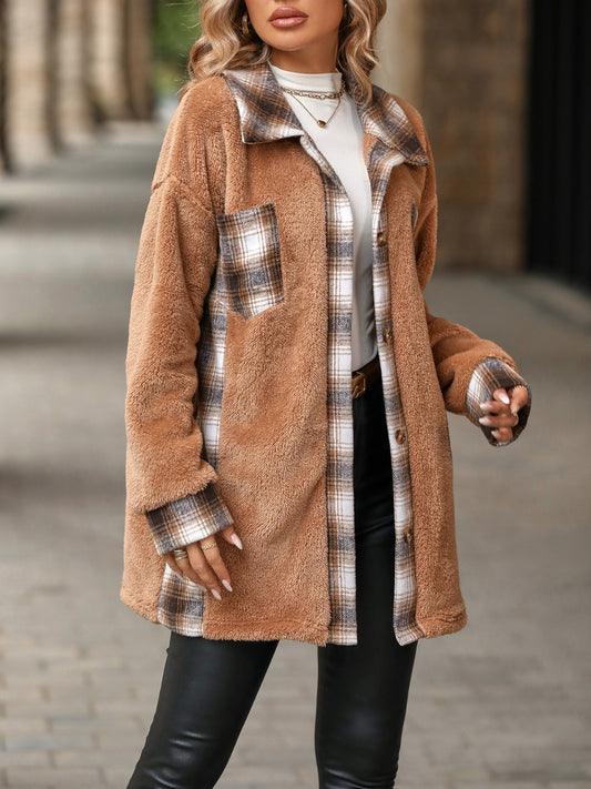 Plaid Contrast Dropped Shoulder Coat-Angel Casuals