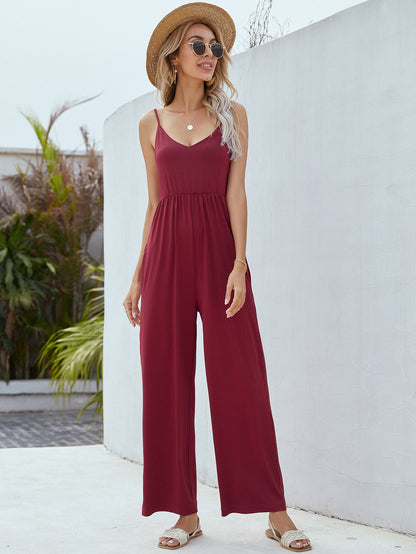 Adjustable Spaghetti Strap Jumpsuit with Pockets-Angel Casuals