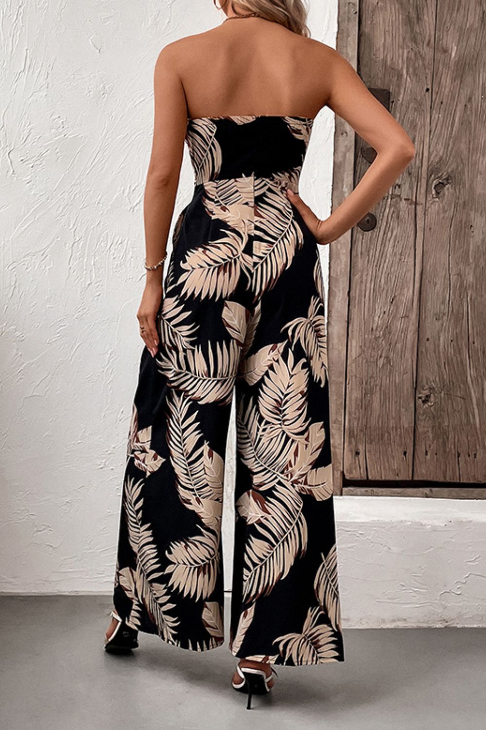 Printed Strapless Wide Leg Jumpsuit with Pockets-Angel Casuals