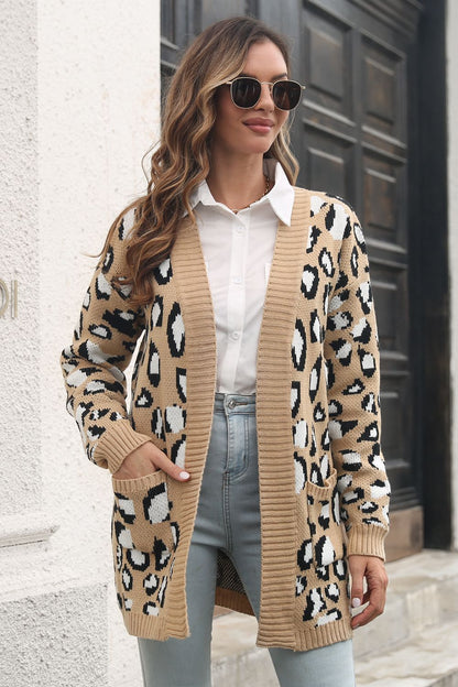 Leopard Open Front Cardigan with Pockets-Angel Casuals